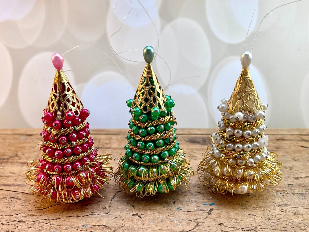 Vintage Beaded Christmas Tree Ornaments Sequins Beads Push Etsy