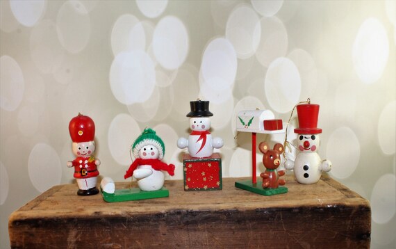 5 Vintage Wooden Christmas Ornaments, Lot, Set, Vintage Christmas, 1980s, Painted Wooden Wood Ornaments, Snowman, Snowmen, solider, mailbox Il_570xn
