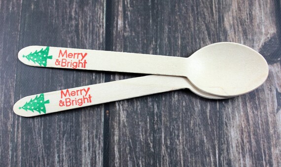 25- WOODEN UTENSILS - "Merry & Bright" Wooden Spoons/ Forks / Knives, Cutlery, Christmas, Holidays, Christmas favors Decor Il_570xn