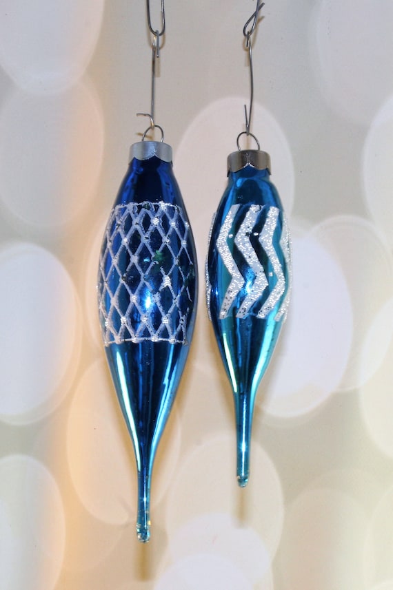 Vintage Mercury Glass Ornaments, Teardrop Shaped, Blue, Hand Painted