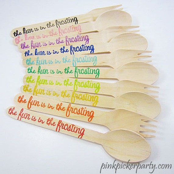 25 Fun Is In The Frosting Wooden Spoons/ Forks / Knives , Large Utensils, Wooden Cutlery, Birthday, Wooden Silverware, Kids Party, Rainbow Il_570xn