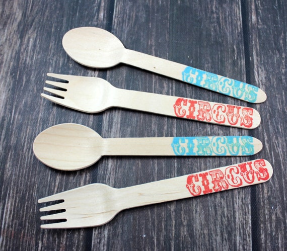 Circus,You Pick Colors and Utensil Type, 12 Hand Stamped Wooden Forks, Spoons, Knives, Wooden Utensils, Cutlery, Silverware Rainbow Il_570xn