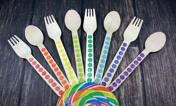 You Pick Colors and Utensil Type, 12 Hand Stamped Wooden Forks, Spoons, Knives, Wooden Utensils, Cutlery, Silverware, Polka Dot, Rainbow Il_570xn