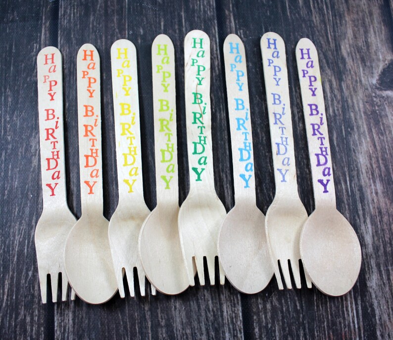 Spoons Happy Birthday Wooden Utensils Cutlery 25 Hand Stamped Wooden Forks You Pick Colors and Utensil Type Knives Silverware Rainbow