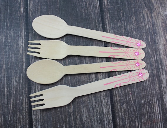 Fairy Princess Wand, You Pick Utensil Type, 25 Hand Stamped Wooden Forks, Spoons, Knives, Silverware, Disney Princess, Fairy Tale, pink Il_570xn