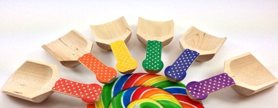 6 Larger Wooden Candy Scoops, Pick the Color or Rainbow Polka Dot Stamped, Candy Buffet, Wedding, Showers, Parties, Crafting Il_570xn