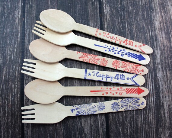 4th of July, America, USA, bbq, cookout, July4th You Pick Utensil Type 25 Hand Stamped Wooden Forks Spoons Knives Wooden Utensils Silverware Il_570xn