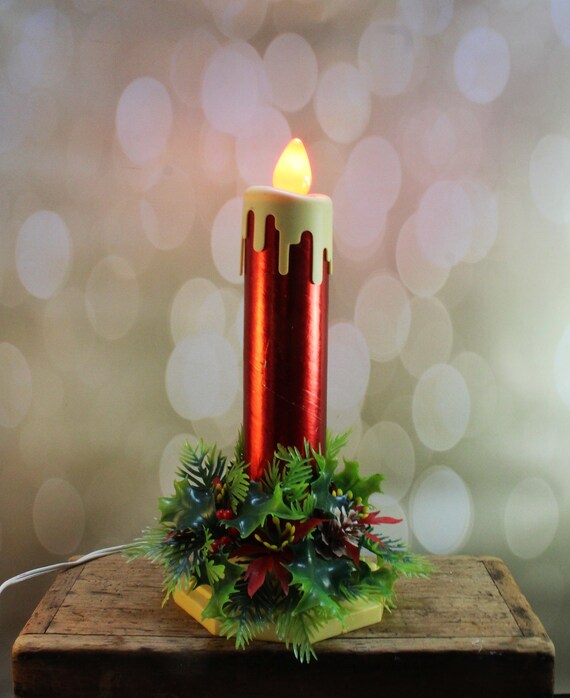 Light Up Christmas Candle Decoration, Vintage Christmas, Kitsch, Kitschmas, Mid Century, Retro, Floral, Plastic, Foil, Centerpiece, Il_570xn