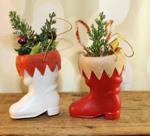 Vintage Boot Ornaments, Chenille Candy Cane, Mercury Glass Balls, Vintage Christmas, Kitsch, Kitschmas, Mid Century Il_570xn