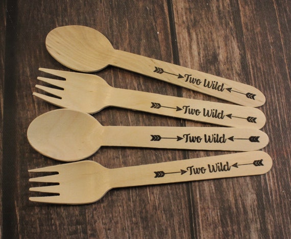 25-Two Wild, Wooden Forks, Spoons, Knives, Hand Stamped, Utensils, 2nd Birthday, Arrow, Boho chic, Where the Wild Things Are Il_570xn