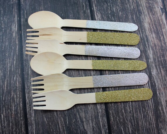 Gold & Silver Glitter Wooden Utensils, Won't Rub off, Sparkles, You Pick Utensil Type, Forks Spoons Knives, Silverware wedding, shower Il_570xn