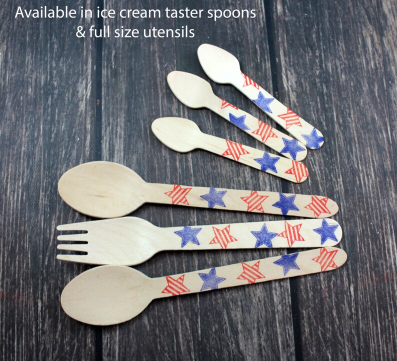 Stars /& Stripes America USA bbq cook out July4th You Pick Utensil Type 12 Hand Stamped Wooden Forks Spoons Knives Wooden Utensils Silverware