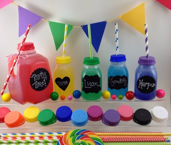 20 Milk Bottles (8 oz) with Chalkboard Labels - 12 Different Lid Colors - Juice Bottles, Birthday Parties Il_570xn