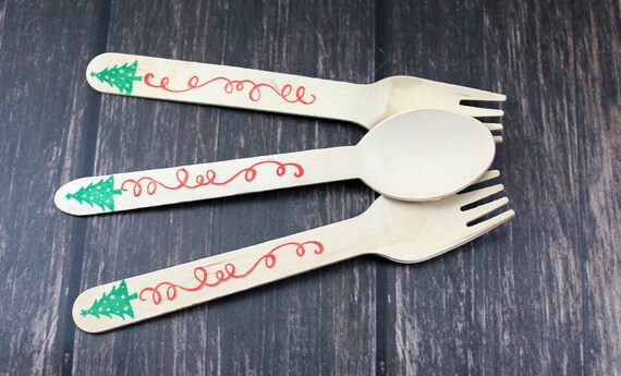 12 WOODEN UTENSILS - Christmas Tree Swirl Spoons / Forks / Knives, Ugly Sweater Party, Cutlery, Christmas, Holidays, Christmas favors Decor Il_570xn