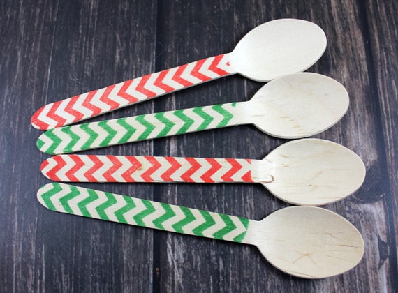 25- WOODEN UTENSILS - Red & Green Chevron Wooden Spoons/ Forks / Knives, Cutlery, Christmas, Holidays, Christmas favors Decor Il_570xn