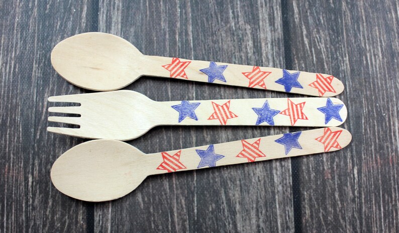 Stars /& Stripes America USA bbq cook out July4th You Pick Utensil Type 12 Hand Stamped Wooden Forks Spoons Knives Wooden Utensils Silverware