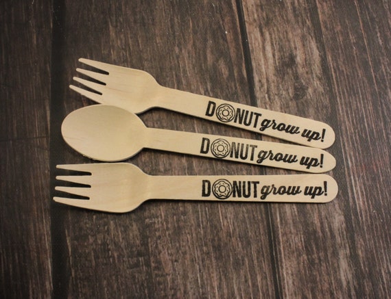 25 Donut Grow Up Wooden Spoons, Forks, Knives, Hand stamped, Donut Party, Breakfast party, First Birthday, Donuts decorations, Donuts favors Il_570xn