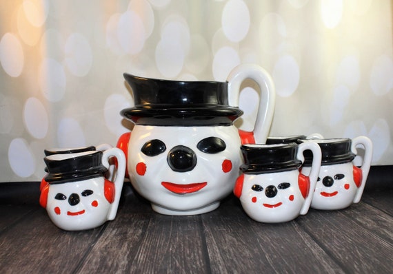 Vintage Snowman Pitcher and Mugs, Snowman Mug set, Hand Painted, Ceramic, Vintage Christmas, Hot Chocolate bar, Christmas mugs Il_570xn