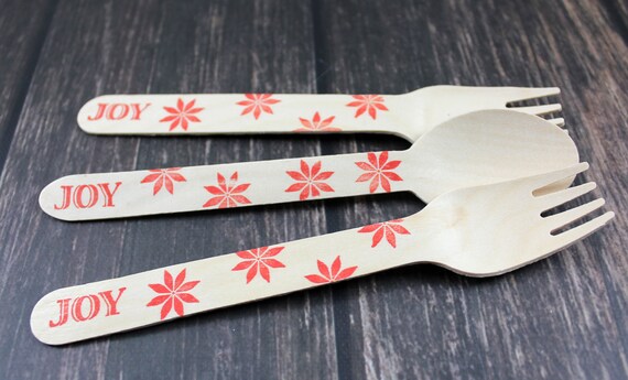 12 WOODEN UTENSILS - "Joy" Poinsetta Spoons / Forks / Knives, Ugly Sweater Party, Cutlery, Christmas, Holidays, Christmas favors Decor Il_570xn