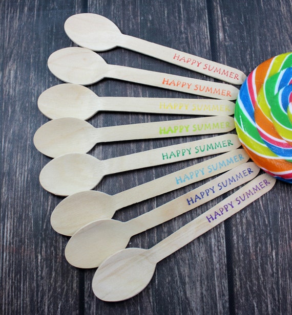Happy Summer,You Pick Colors and Utensil Type, 12 Hand Stamped Wooden Forks, Spoons, Knives, Wooden Utensils, Cutlery, Silverware Rainbow Il_570xn