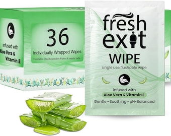 Fresh Exit Flushable Wipes – 36 Individually Wrapped, Aloe Vera & Vitamin E Infused (Travel Size)
