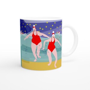 Christmas Wild Swimming Mug – Sea Swimmers in Red Swimsuits, Funny Winter Gift for Outdoor Swimmers