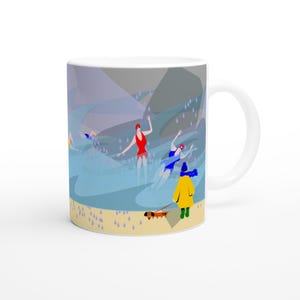 March Wild Swimming Mug – Cold Water Swimmer Gift with Dog, Rainy Sea Scene – Willamina Wild Collection
