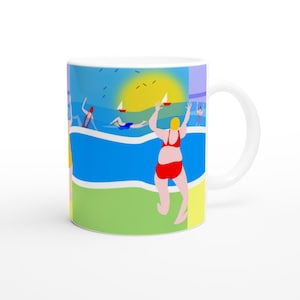 July Wild Swimming Mug – Retro 11oz Ceramic Mug, Sea Swimmer Gift, Coastal Summer Coffee Cup