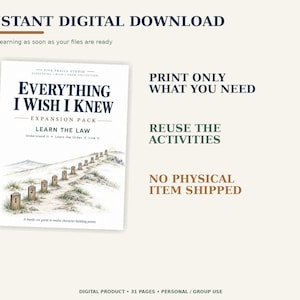 Può includere: Un documento scaricabile digitalmente intitolato Everything I Wish I Knew Expansion Pack Learn The Law. La copertina presenta un'illustrazione di un sentiero con dodici segnavia numerati che conducono verso un sole. Il testo include Print Only What You Need, Reuse The Activities, No Physical Item Shipped e Digital Product 31 Pages Personal Group Use.
