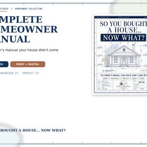 Puede incluir: Un manual para propietarios de 87 páginas titulado So You Bought A House... Now What? con una ilustración de portada estilo plano arquitectónico de una fachada, marca Five Trails Studio y texto sobre disponibilidad impresa y digital.