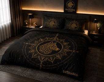 Dark Wolf Duvet Cover Cotton Bed Set | Gothic Wolf Face, Red Black Forest