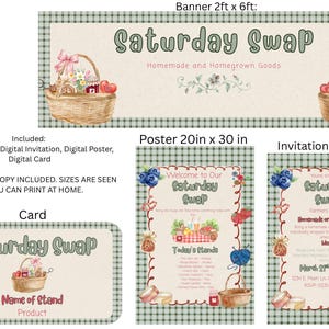 Puede incluir: Un conjunto digital que incluye una pancarta, un póster, una invitación y una tarjeta para un evento Saturday Swap. Los diseños presentan un borde de cuadros verdes, ilustraciones de cestas de mimbre con productos y el texto Saturday Swap y Homemade and Homegrown Goods. Las medidas son 61cm x 183cm, 51cm x 76cm y 18cm x 13cm.