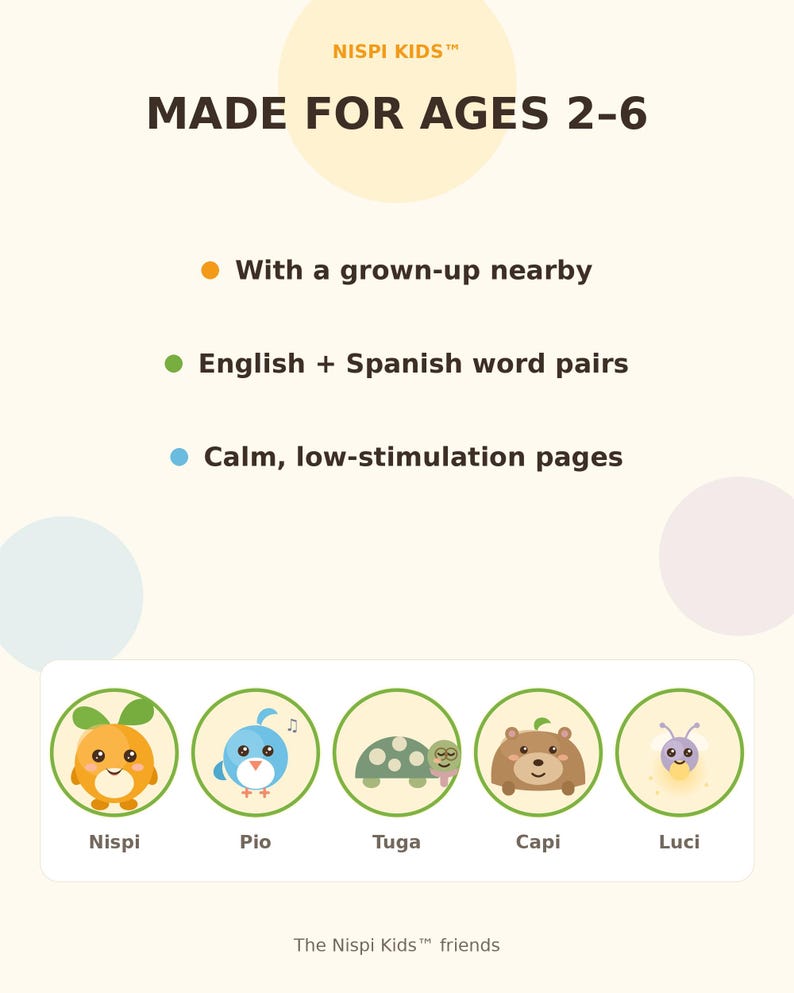 May include: An informational graphic for Nispi Kids featuring the text MADE FOR AGES 2-6, With a grown-up nearby, English + Spanish word pairs, and Calm, low-stimulation pages. Below are five circular icons of characters: Nispi, Pio, Tuga, Capi, and Luci.