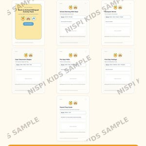 May include: A seven-page bilingual English and Spanish printable activity pack for children. The pages feature educational exercises including School Morning With Nispi, Backpack Words, Capi Classroom Shapes, Pio Says Hello, First Day Feelings, and a Parent Prep Guide.