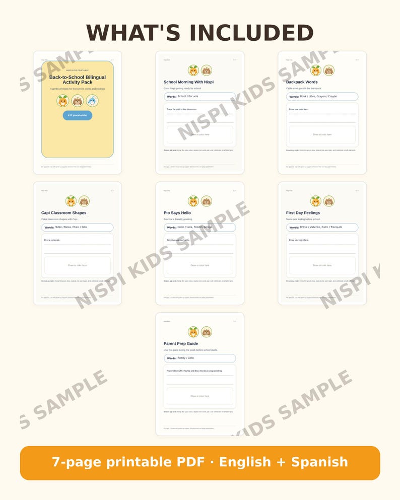May include: A seven-page bilingual English and Spanish printable activity pack for children. The pages feature educational exercises including School Morning With Nispi, Backpack Words, Capi Classroom Shapes, Pio Says Hello, First Day Feelings, and a Parent Prep Guide.
