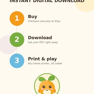 May include: An instructional graphic for Nispi Kids featuring the text INSTANT DIGITAL DOWNLOAD. It outlines three steps: 1 Buy, 2 Download, and 3 Print & play, with corresponding orange, green, and blue circles. Includes a cartoon orange character.