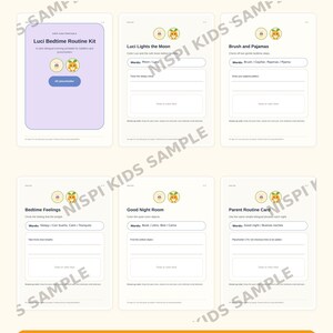 May include: A six-page printable PDF bedtime routine kit for toddlers and preschoolers, featuring English and Spanish text. The pages include activities like Luci Lights the Moon, Brush and Pajamas, Bedtime Feelings, Good Night Room, and a Parent Routine Card with various prompts for drawing, coloring, and vocabulary practice.