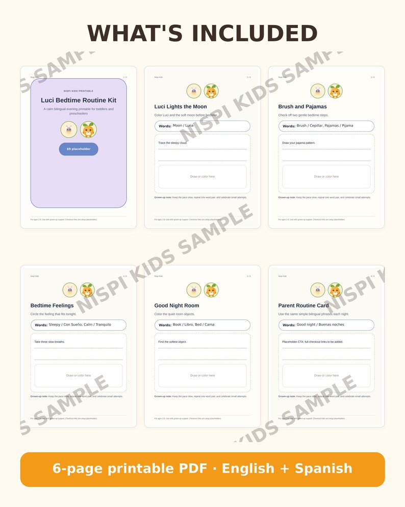 May include: A six-page printable PDF bedtime routine kit for toddlers and preschoolers, featuring English and Spanish text. The pages include activities like Luci Lights the Moon, Brush and Pajamas, Bedtime Feelings, Good Night Room, and a Parent Routine Card with various prompts for drawing, coloring, and vocabulary practice.