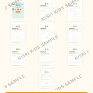May include: A 10-page printable PDF bilingual starter pack titled Nispi & Friends. The set includes worksheets for learning words, counting, shapes, and feelings in English and Spanish, featuring cartoon characters and structured writing spaces.