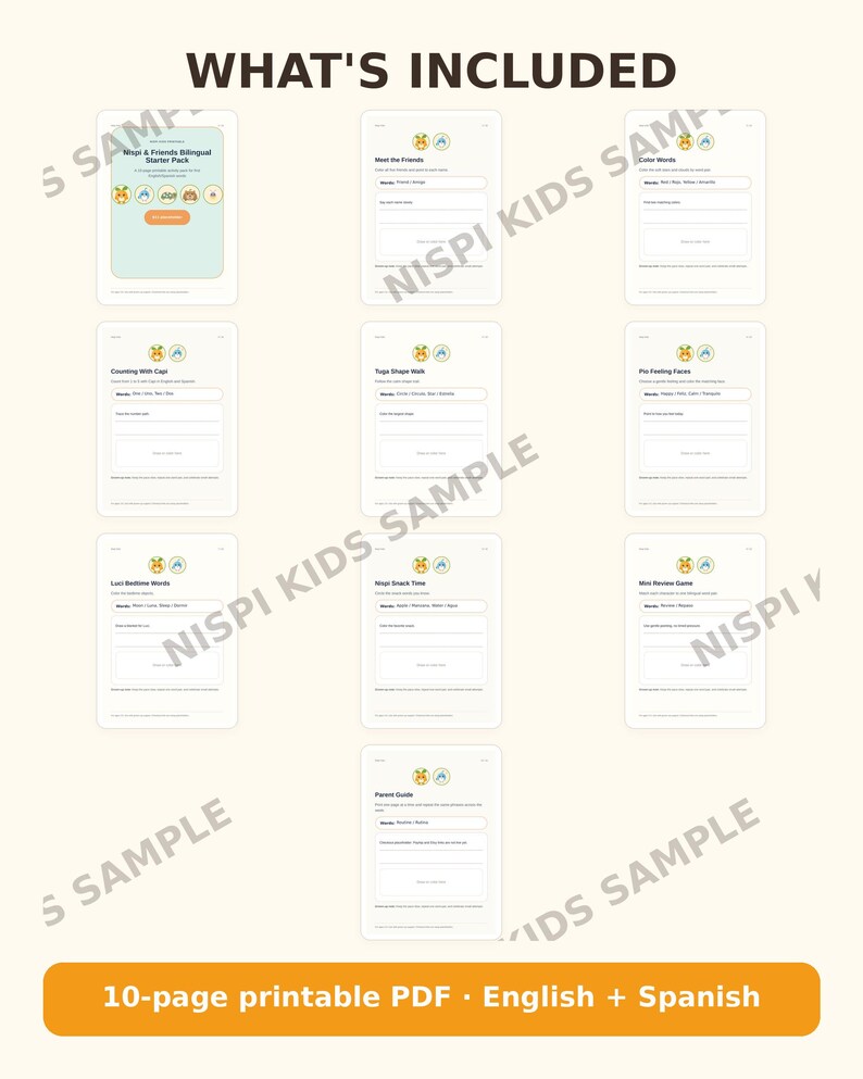 May include: A 10-page printable PDF bilingual starter pack titled Nispi & Friends. The set includes worksheets for learning words, counting, shapes, and feelings in English and Spanish, featuring cartoon characters and structured writing spaces.