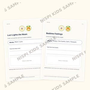 May include: Two white activity sheets titled A LOOK INSIDE with the text Luci Lights the Moon and Bedtime Feelings. Each page features small circular icons of a purple insect and an orange character, along with prompts for tracing, drawing, and coloring.
