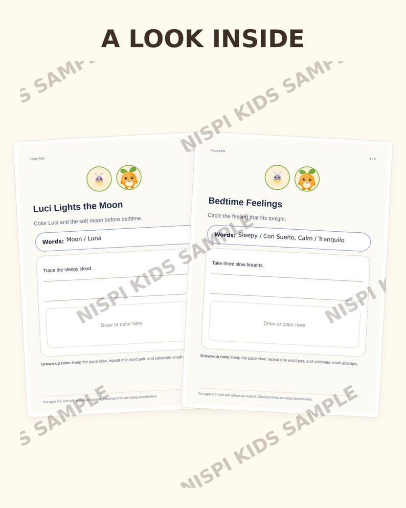 May include: Two white activity sheets titled A LOOK INSIDE with the text Luci Lights the Moon and Bedtime Feelings. Each page features small circular icons of a purple insect and an orange character, along with prompts for tracing, drawing, and coloring.