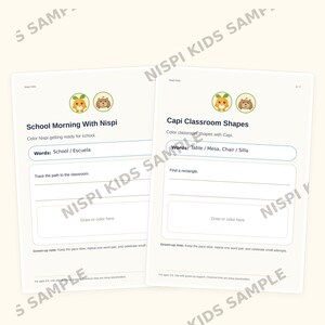 May include: Two white educational activity sheets titled A LOOK INSIDE. The left sheet is School Morning With Nispi with tasks to color and trace. The right sheet is Capi Classroom Shapes with tasks to color shapes and find a rectangle.