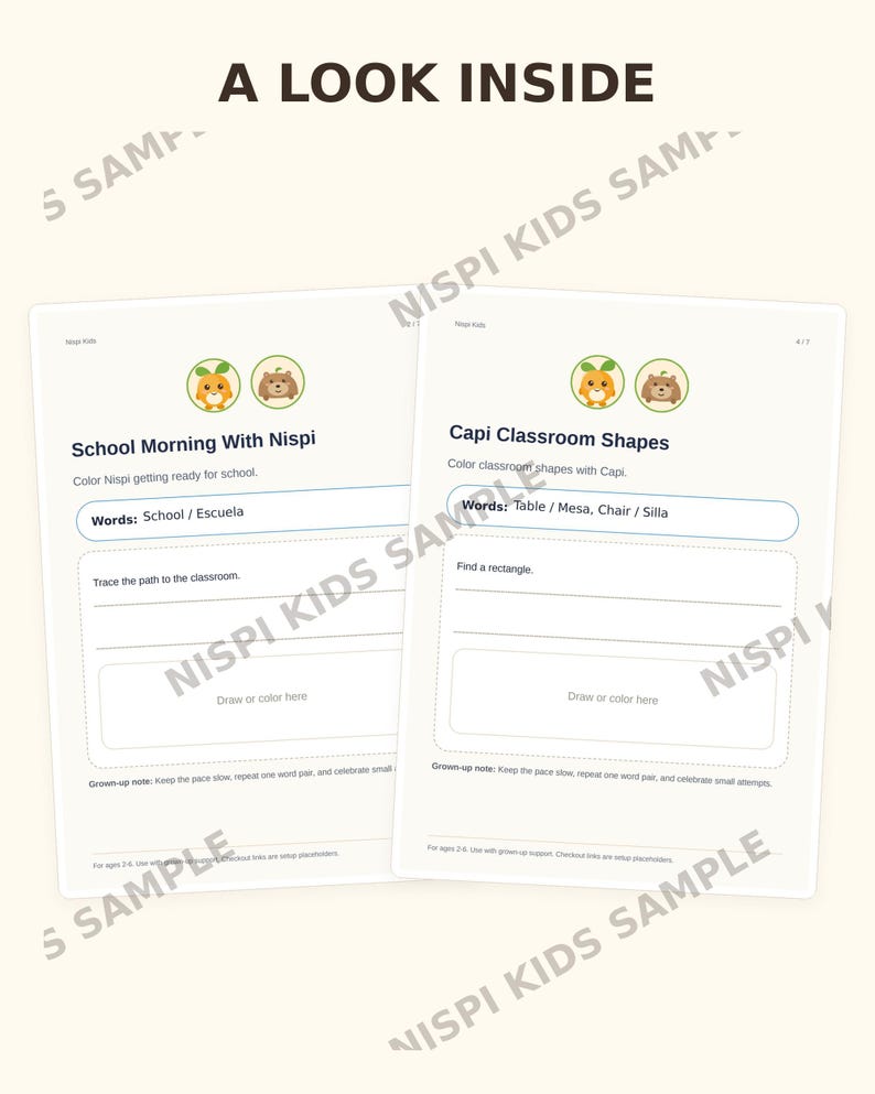 May include: Two white educational activity sheets titled A LOOK INSIDE. The left sheet is School Morning With Nispi with tasks to color and trace. The right sheet is Capi Classroom Shapes with tasks to color shapes and find a rectangle.