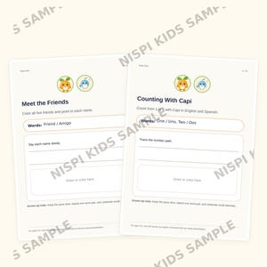 May include: Two educational activity sheets titled A LOOK INSIDE featuring Meet the Friends and Counting With Capi. The pages include cartoon character icons, bilingual word lists in English and Spanish, tracing lines, and blank boxes for drawing.