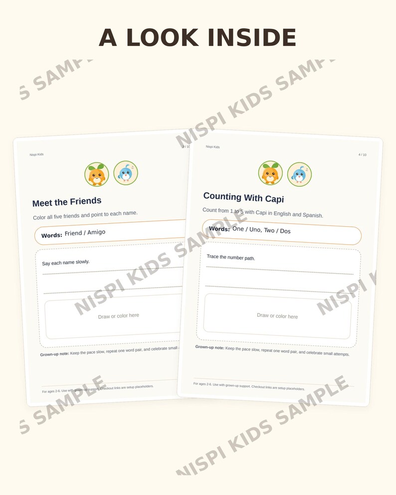 May include: Two educational activity sheets titled A LOOK INSIDE featuring Meet the Friends and Counting With Capi. The pages include cartoon character icons, bilingual word lists in English and Spanish, tracing lines, and blank boxes for drawing.