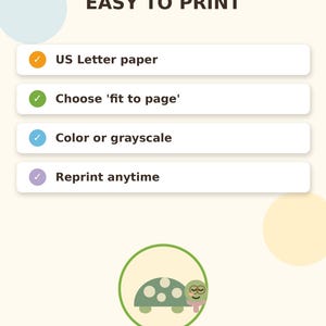 May include: An informational graphic titled NISPI KIDS EASY TO PRINT with instructions for US Letter paper, fit to page, color or grayscale, and reprint anytime. A circular icon features a green turtle with white spots and a pink scarf.