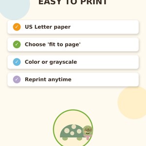 May include: An informational graphic titled NISPI KIDS EASY TO PRINT with instructions for US Letter paper, fit to page, color or grayscale, and reprint anytime. A circular icon features a green turtle with white spots and a pink scarf.