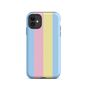 May include: A smartphone case featuring a vertical striped pattern in light blue, soft pink, and pale yellow. The case has a black camera cutout area in the upper left corner, designed to fit a dual-lens camera system on a mobile device.
