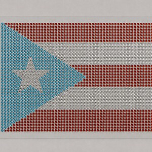 May include: A rectangular iron-on transfer patch featuring the flag of Puerto Rico created with small, circular, faceted rhinestones. The design includes a blue triangle on the left with a central white star, and alternating red and white horizontal stripes.